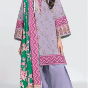 Lavender Printed 3-Piece Lawn Suit with Floral Dupatta