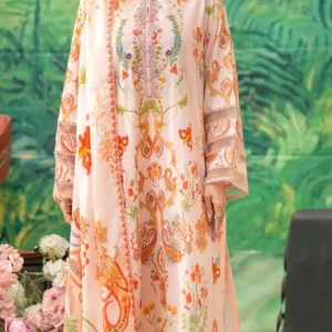 Peach Floral Printed 3-Piece Suit with Embroidered Neckline