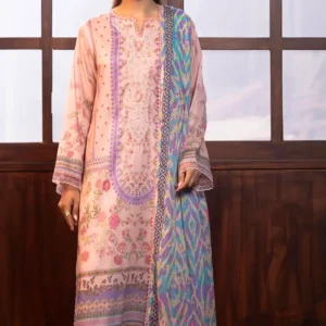 Blush Pink Floral Printed Lawn Suit with Lavender Embroidery & Abstract Dupatta
