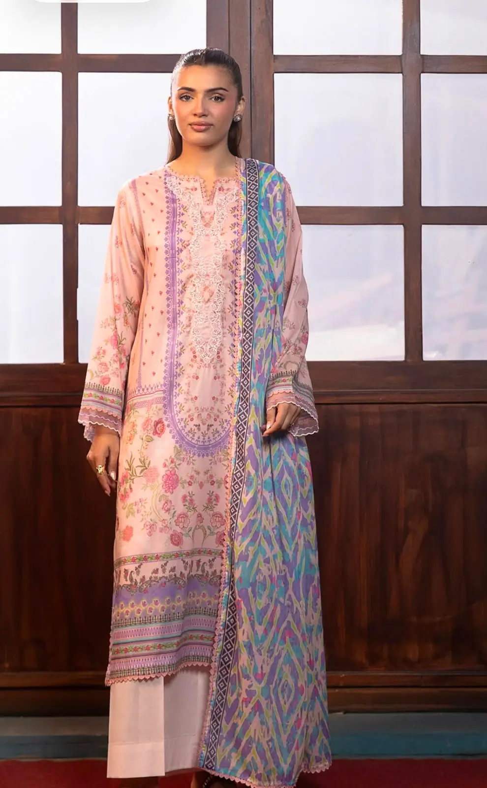 Blush Pink Floral Printed Lawn Suit with Lavender Embroidery & Abstract Dupatta