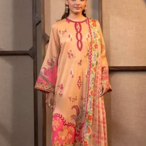 Peach Printed Lawn Suit with Multicolor Floral Borders & Embroidered Neckline