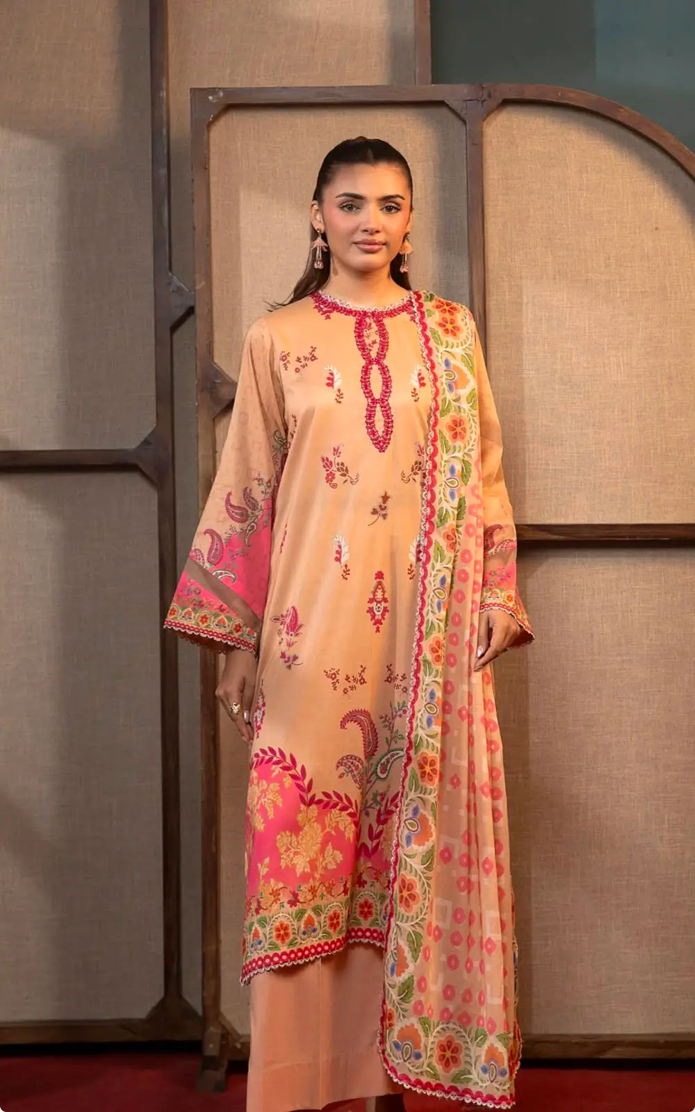Peach Printed Lawn Suit with Multicolor Floral Borders & Embroidered Neckline