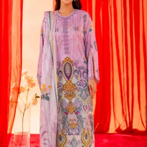 Lavender Printed Lawn Suit with Ornate Border Design & Embroidered Neckline