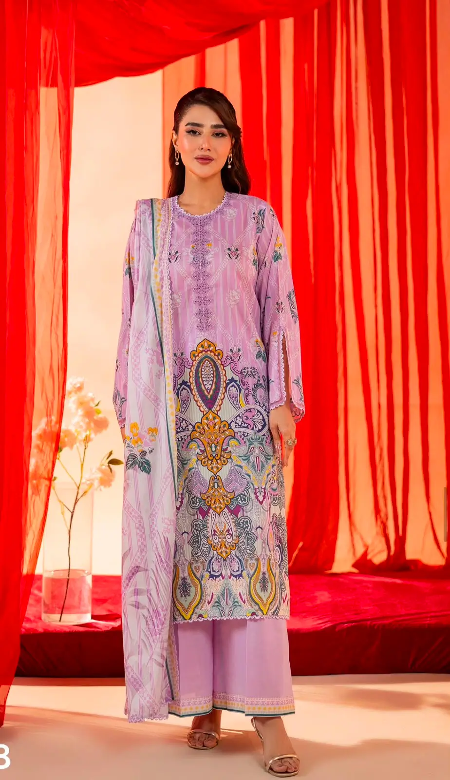 Lavender Printed Lawn Suit with Ornate Border Design & Embroidered Neckline