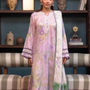 Lavender Printed Floral Printed 3-Piece Suit with Dupatta | Gulljee