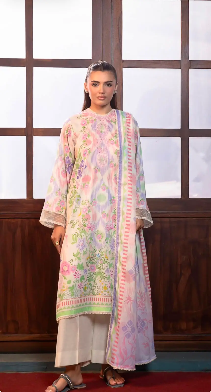 Blush Pink Floral Printed 3-Piece Suit with Contrast Dupatta | Gulljee