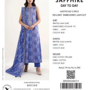 Blue Unstitched 3-Piece Printed Voile Exclusive Embroidered Lawn Suit